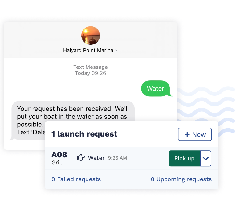 Text message request for a boat, showing that request in Dockhound